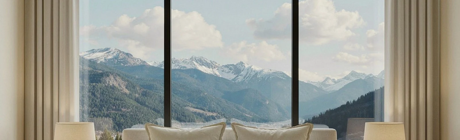 Dormitor cu panoramă montană — imagine ilustrativă