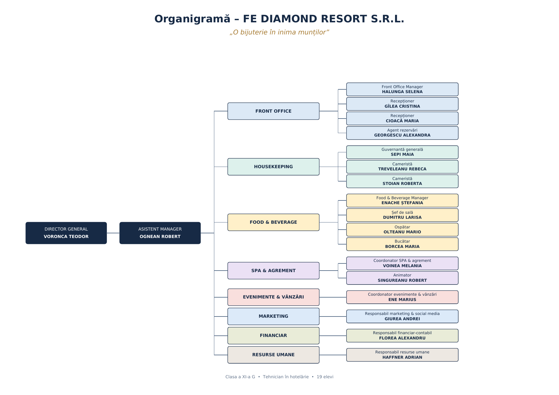 Organigrama FE DIAMOND RESORT: director general, asistent manager și cele opt departamente cu posturile și elevii repartizați